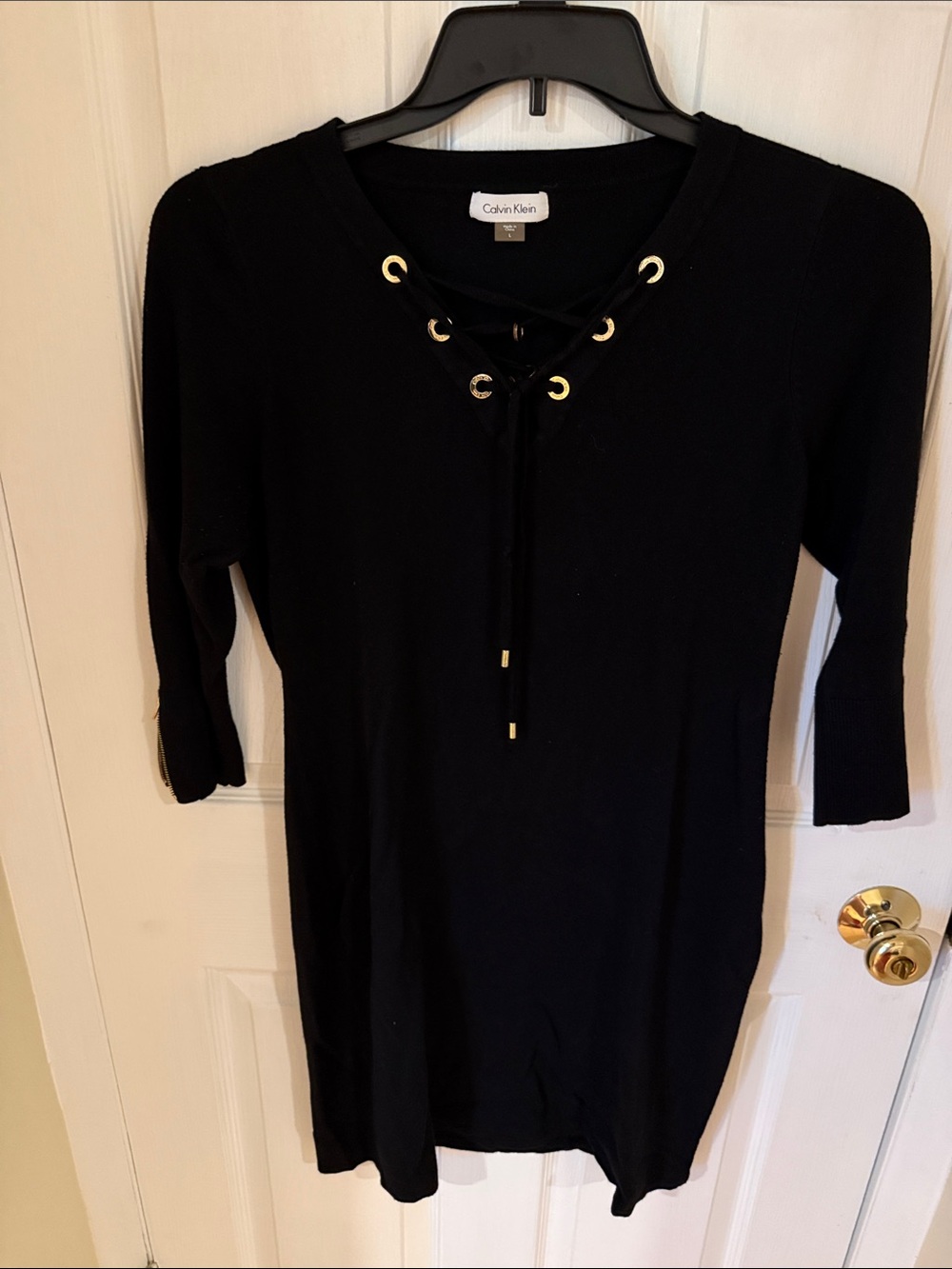Calvin Klein Black Lace-Up Midi Knit Dress with Gold Eyelets